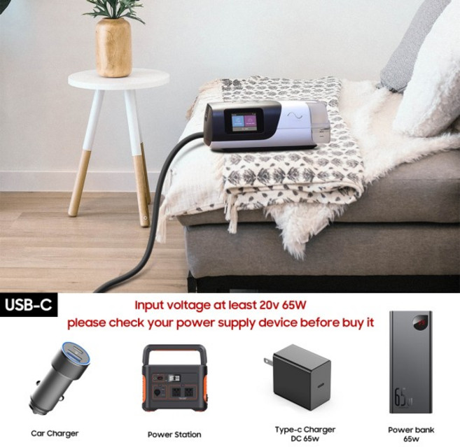 호환 ResMed Air미니 CPAP PD 충전 케이블 보조배터리 컨버터 미니 전원 공급 장치 여행 기차 USB C 65W, 01 CHINA, 1개