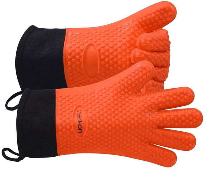 긱홈 바비큐 장갑 X-대형 내열 주방 실리콘 오븐 장갑 방수 오븐 장갑 베이킹용 바비큐 그릴 액세서리 프라이어 스모커 웨버 피자 전자레인지 미끄럼 방지 블랙, Orange, X-Large, 1개