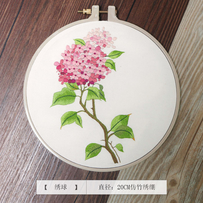 刺繡diy手工繡花圖案初學材料包古風創意絲帶繡繡花送閨蜜禮物 刺繡 平安符 手作 材料包 附繡框 十字繡 雙面繡, 1個, 繡球, 掛框+仿竹繡繃+材料包