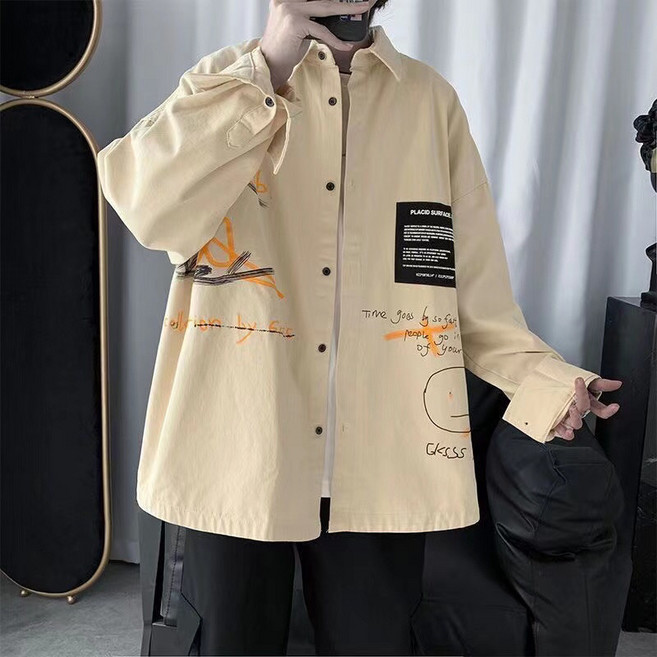 AOKADA남성 봄 가을 루즈핏 카고 프린팅 긴팔 셔츠 남방