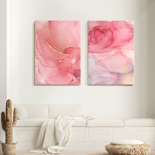 [인메이블] 부자되는 황금 추상화 와이드 풍수 모던 캔버스 액자 거실 현관 사무실 인테리어 개업선물, set3. 핑크마블세트(8+9)