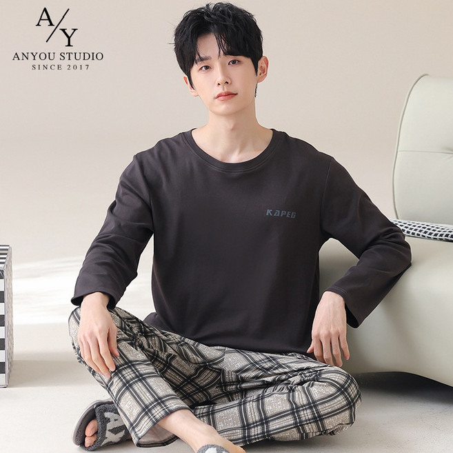 ANYOU 남성 긴팔 잠옷 상하세트 데일리 소프트 패션 홈웨어