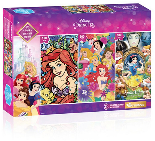 직소퍼즐 디즈니 프린세스 3종세트 인어공주 백설공주 기프트퍼즐 150피스 300피스 500피스, 혼합색상, 950피스, 3개