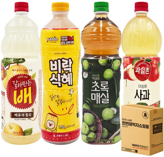 [한번에먹자] 1.5L 대용량 혼합세트 / 비락식혜 + 아침에사과 + 초록매실 + 갈아만든배 / 각1개씩, 4개
