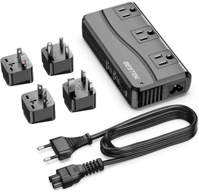 BESTEK 베스텍 범용 여행용 어댑터 100-220V ~ 110V 전압 변환기 250W 6A 4포트 USB 충전 3 AC 소켓 EU/UK/AU/US/인도 전 세계 플러그 (, 02 EU Plug Black, 1개
