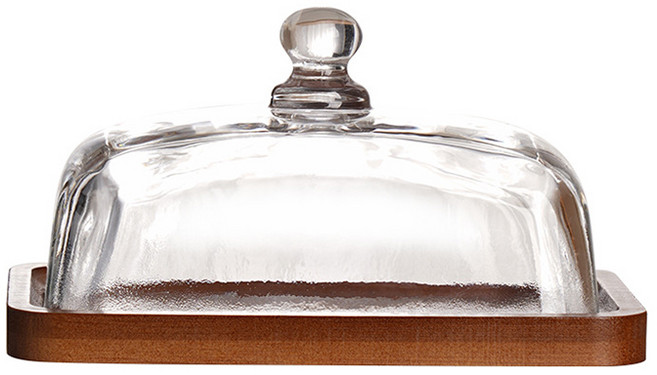 Entrolring 우드 버터 접시 유리 뚜껑 치즈박스 디저트 접시+뚜껑, 1세트, 01