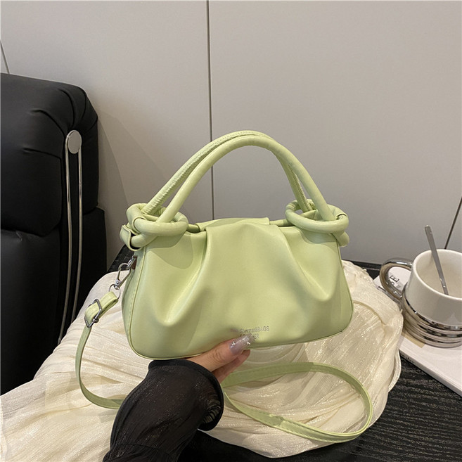 精緻簡約小拎包小衆褶皺雲朵包女新款時尚百搭單肩斜跨包綠色默認顏色, 綠色