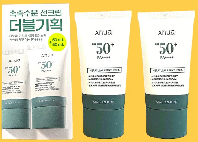 아누아 선크림 어성초 실키 모이스처 썬크림 선로션 주름 미백 기능성, 2개, 50ml - 쿠팡