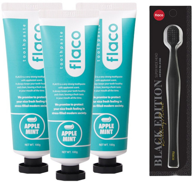 플라코 애플민트 치약 100g 3개+블랙 칫솔, 3개