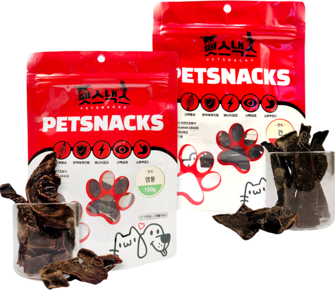 [펫스낵스] 제조일 15일 이내 도축된 한우, 100g, 4개, 국내산 소간 2봉+ 소염통 2봉