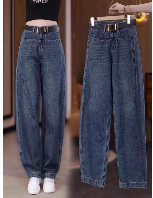 高腰刷色寬鬆闊腿牛仔褲附腰帶 修身顯瘦時尚百搭