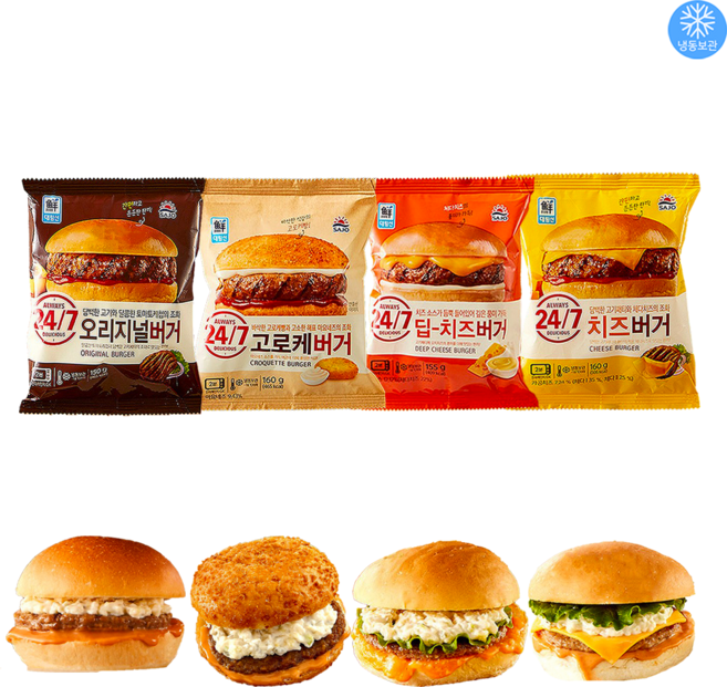 사조대림 냉동햄버거 4종 오리지널버거 160g 1+ 고로케버거 160g 1+ 딥치츠버거 155g 1+ 치즈버거 160g 1 각 1개