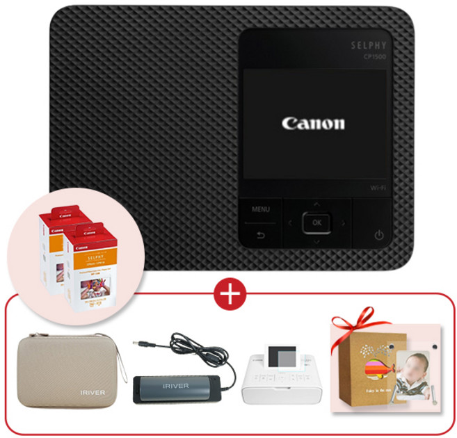 캐논 셀피 CP1500 블랙+RP-108 2개+아이리버 케이스+휴대용 배터리+충전기 패키지, CP 블랙+RP-108 2개+IR세트+충전기+필름