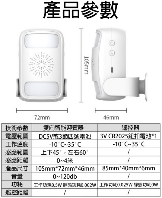 雙向智能迎賓器 無線紅外線感應器 門鈴 語音提示, 1個, 電池款(無遙控)