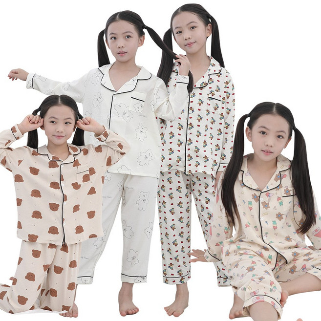 아동 포포면 긴팔 세트 카라 단추 홈웨어 잠옷 유아 키즈 주니어 실내복 내복 부드럽고 편안한원단 남아 여아 상하복 학생 파자마 가을 편한 긴바지