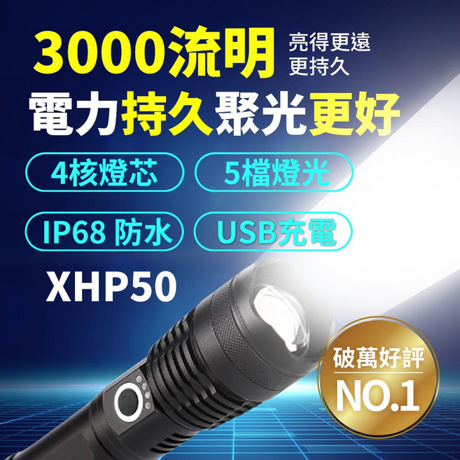 XHP50 手電筒 3000流明 4核燈芯 5檔燈光 IP68防水 USB充電, 1個, 旗艦版 變焦手電筒(含26650 電池)