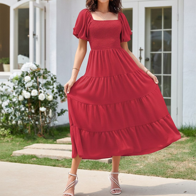 UPPERCUT 여성 스퀘어넥 스모크 밴딩 퍼프 소매 캉캉 롱 원피스