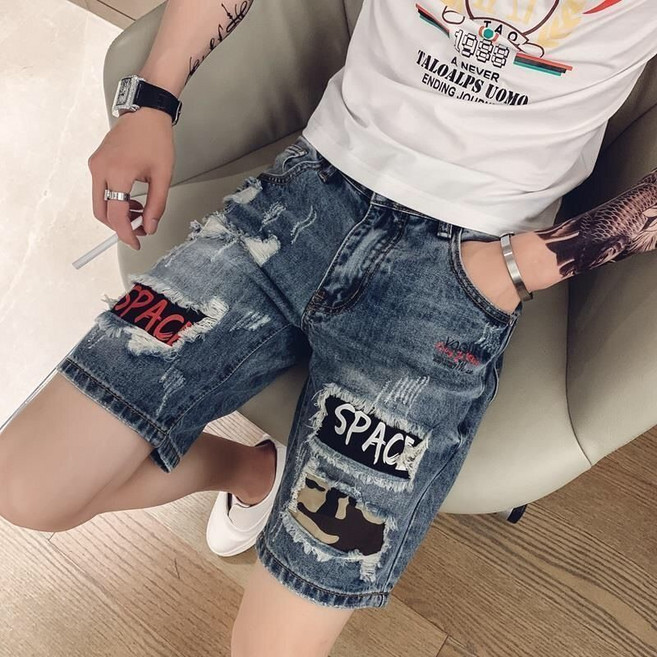 男士印花破洞五分牛仔短褲