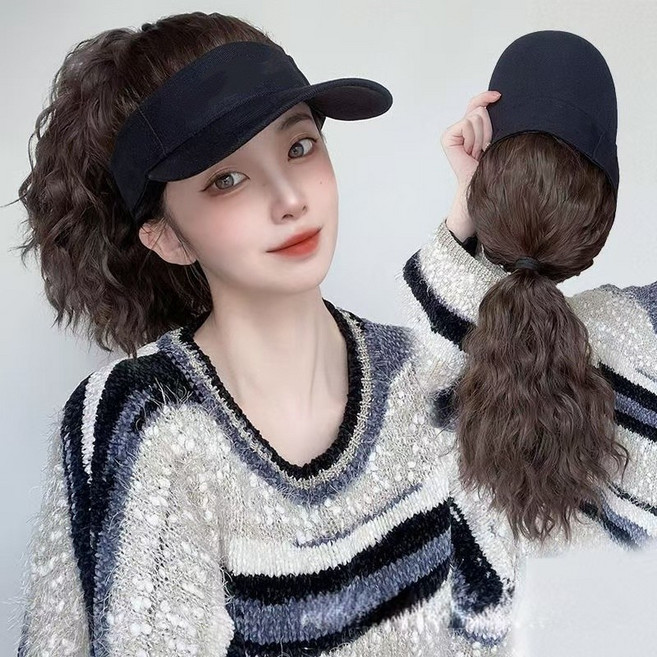 상덕 가발 헤어 자연스러운 여신 일체형 긴머리펌 모자 가발, 1개, 라이트브라운