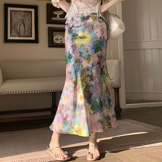 마이클로젯 MC0115 꽃프린팅 머메이드 새틴 롱스커트