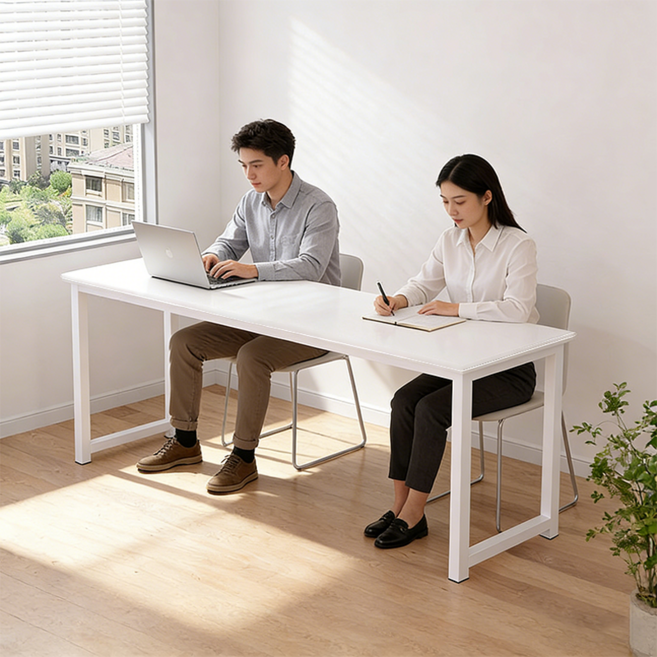 호밍사이 한식 미니멀 2인용 사무용 책상 140cm EO급 원목 에코보드 홈컴 책상 사무실 학생 테이블 책장 일체형 컴퓨터 게이밍 책상, 화이트