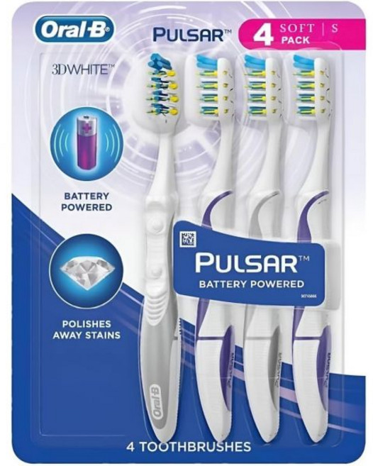 전동칫솔 Oral B 3D 화이트 럭스 4 카운트1팩 펄사 배터리 구동 칫솔, 4 Count (Pack of 1), 1개