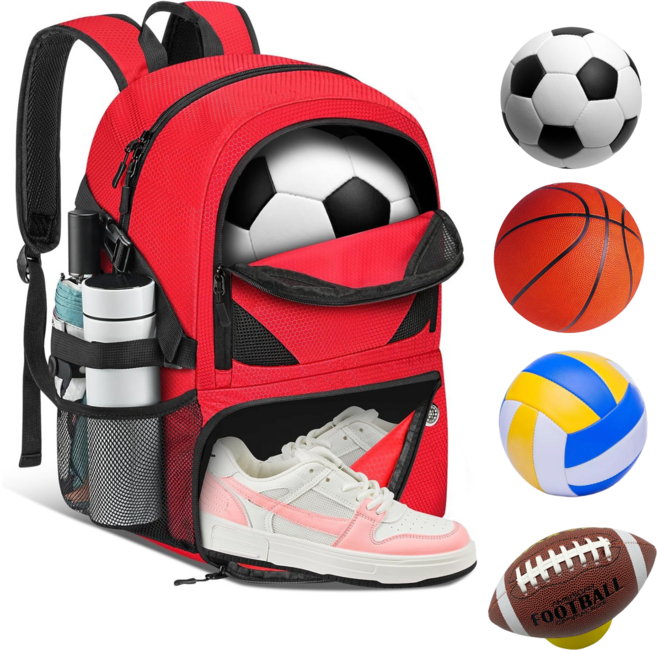 YHXONEOK 축구 가방 볼와 신발 구분을 가진 농구 가방. 농구 배구 축구 운동에 적용하는 방수형 스포츠 백팩, 빨간색, 1개