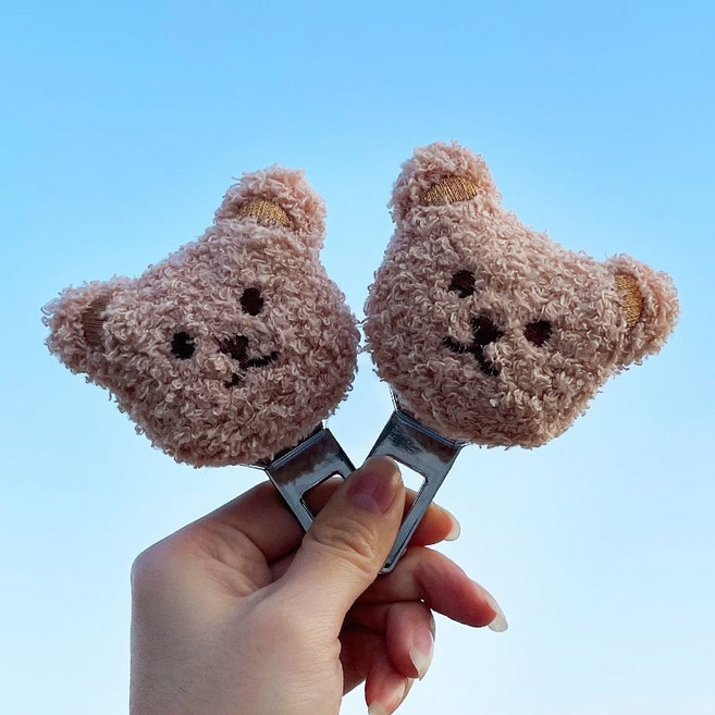 곰돌이 캐릭터 부드러운 털안감 차량용 안전벨트 연장 버클 클립 커넥터 2p 세트, 1개, 연베이지