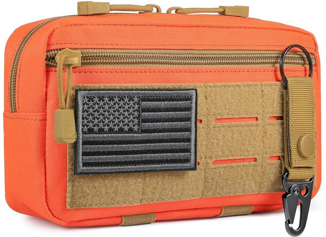 FRTKK Tactical Molle 관리자 파우치 유틸리티 레이저 컷 EDC 공구 백 수평 모듈식 미국 국기 패치 및 키체인 포함 탠 105016, Orange, 1개, 주황색