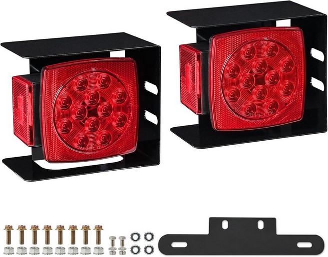 PVerandio 2pcs 잠수정 사각형 LED 트레일러 라이트 키트 12V 레드 스톱 턴 테일 러닝 80인치 미만 보트 트럭용 강철 장착 상자 번호판 브래킷 포함 IP68 DOT