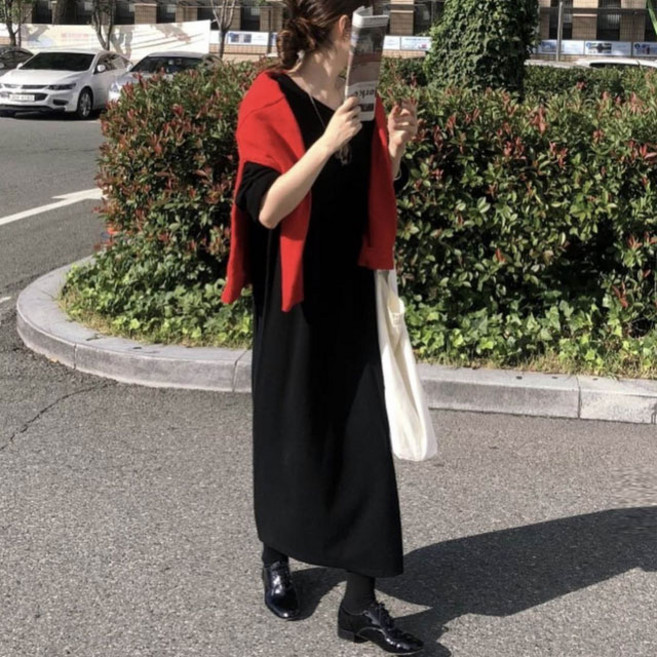 루어스룸 데일리 간절기 여성 루즈핏 브이넥 데일리룩 베이직 빅사이즈 니트 원피스 니트원피스