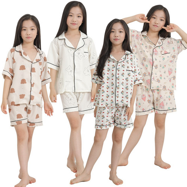 아동 반팔 잠옷 세트 포포면 여름 곰돌이 파자마 주니어 어린이 여아 유아 실내복 옷 홈웨어 set 단추 카라