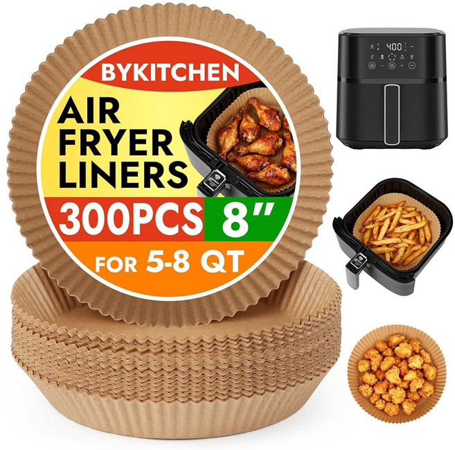 BYKIENT 300PCS 일회용 에어프라이어 라이너 닌자 AF141 5QT 프로 AF181 6.5QT 셰프맨 6QT 코소리 6QT 및 기타 5~8QT 에어프라이어 8인치, 8 inch for 5-8 QT-300PCS