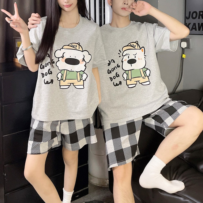 멜빵댕댕이 커플용 반팔 반바지 잠옷 홈웨어 상하의 세트 실내복 파자마 학생 아들 딸