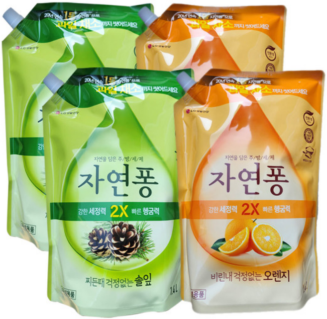 엘지생활건강 자연퐁 리필 주방세제 솔잎향 오렌지향, 2개, 1.4L
