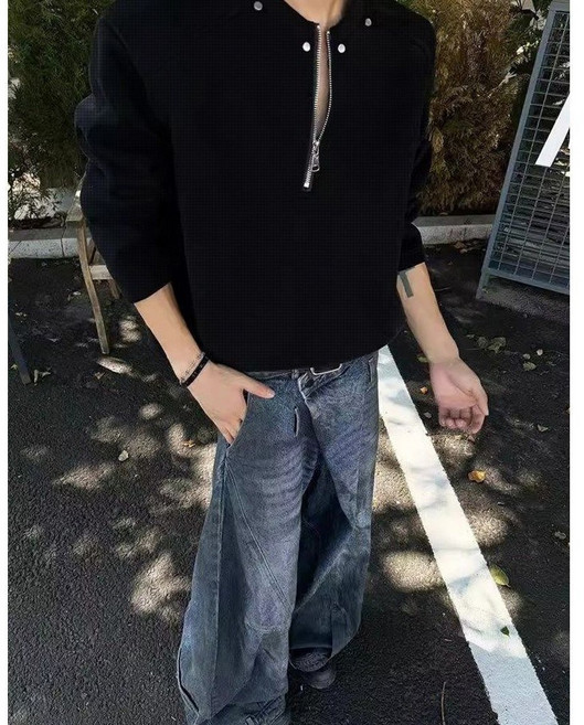 亨利領華夫格半拉鍊衛衣男春季美式高街柳釘長袖T恤痞帥寬鬆休閒