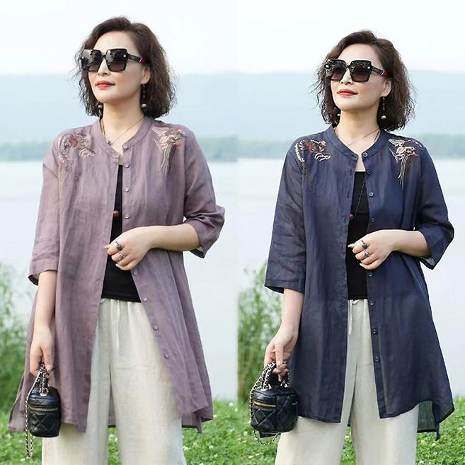 엄마옷 봄여름 칠부 미디 카디건 캐주얼 얇은 면마 롱셔츠 40대50대 블라우스