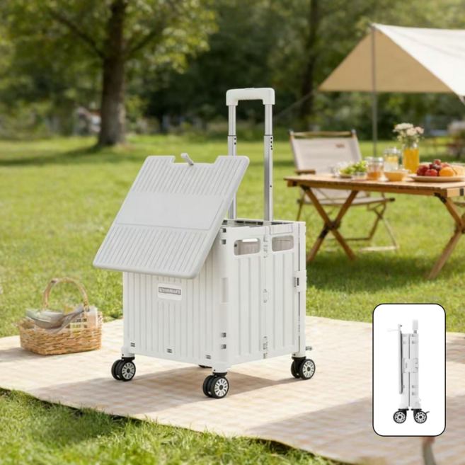360도 4바퀴 접이식 카트 일체형 슬라이딩 뚜껑 캠핑트레일러 출장 캐리어 쇼핑카트, 1개, 화이트