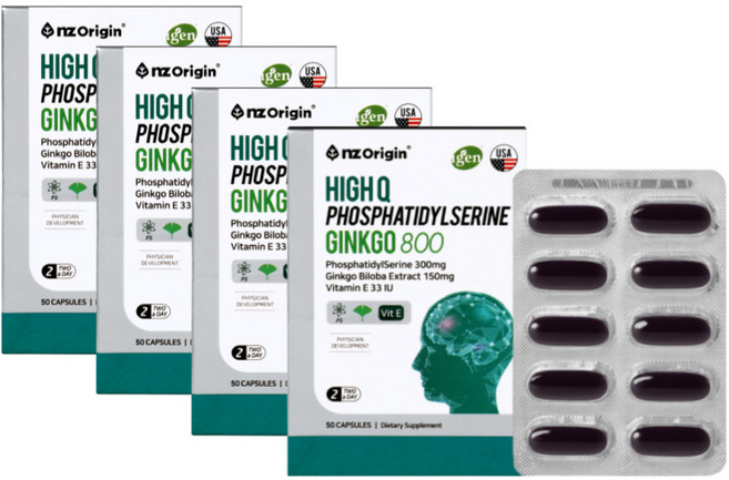 포스파티딜세린 뇌영양제 포스타딜세린 엔젯오리진 코스트코 인지력 기억력 개선 수험생 고등학생 대학생 영양제 부모님 선생님 선물 징코 은행잎추출물 300mg 50캡슐, 4개, 포스파티딜세린 200캡슐, 50정