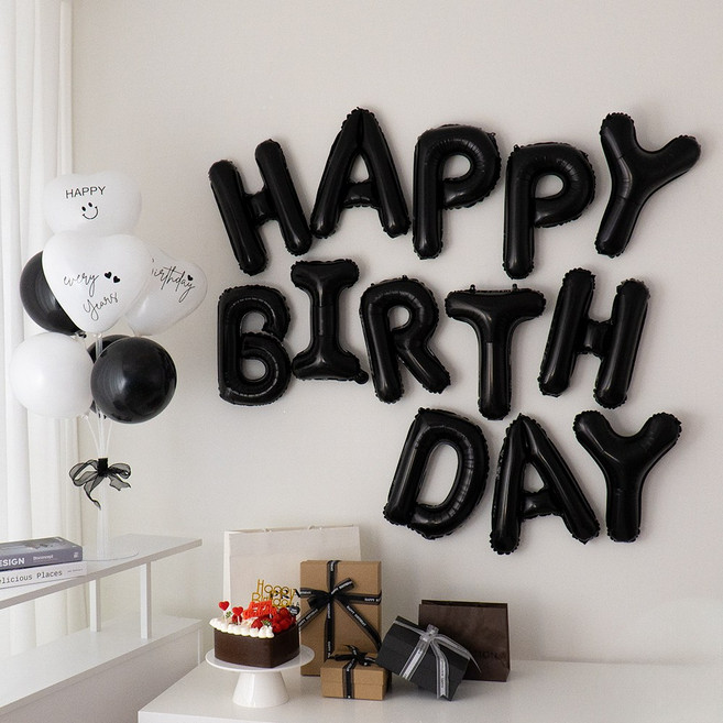 해피제이니 가족 연인 생일 호일풍선 가랜드 레터링시트지 파티용품 세트, 1세트, 블랙세트