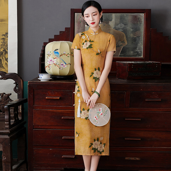 DIU 新中式中國風印花旗袍夏季古法傳統平裁年輕款少女長連衣裙, XXXL