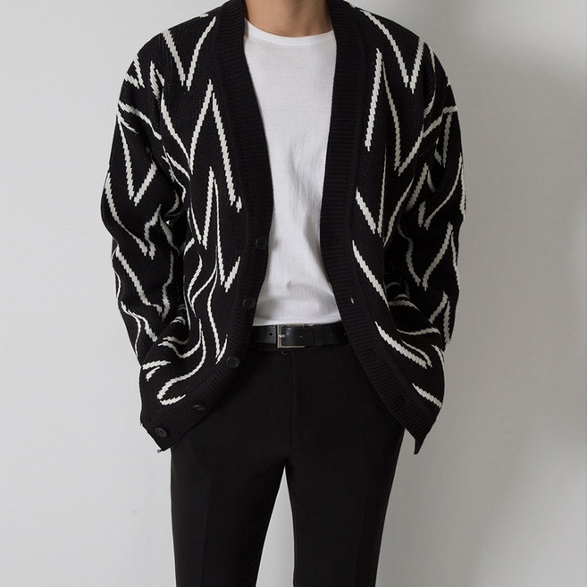 에스미 남자 봄 가을 아가일 패턴 브이넥 가디건 니트