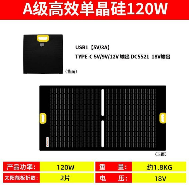 120W A級高效單晶硅摺疊式太陽能充電板, 1個, 120w2折單USB+快充, 120w2折單USB+快充