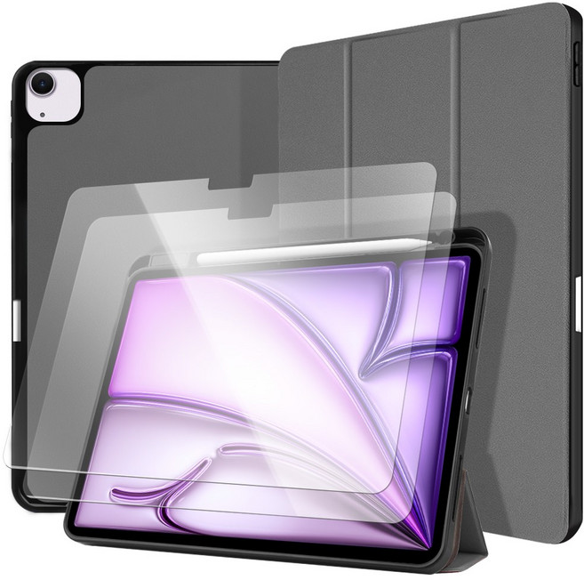 더조은셀러 아이패드 호환 애플펜슬 수납 스마트커버 케이스 2매입 강화유리필름, 그레이, 1세트