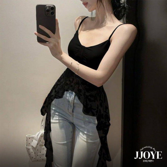 쪼예 [캡내장] 섹시 언발 레이스 프릴 웨이스트 나시 티셔츠