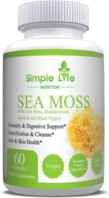 Simple Life Nutrition 유기농 아일랜드 바다 이끼 1400MG 캡슐 - 우엉 뿌리와 방광풀 천연 블렌드 면역 체계 장 정화 및 갑상선 보충제 파우더 피부 손톱, 1개, 60정