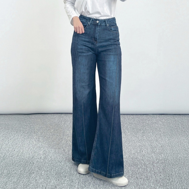 사라7351 여성 세미와이드 부츠컷 청바지 스판 데님팬츠 하이웨이스트 핀턱라인 와이드진
