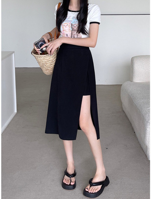 小蘭優購 涼感開衩九分褲裙 鬆緊腰韓版休閒冰爽速乾 輕薄透氣展現腿部線條