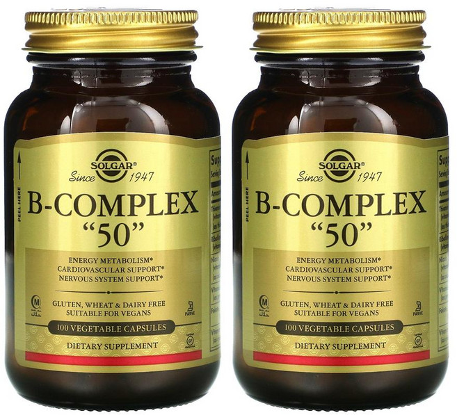 [1+1] Solgar 솔가 비 콤플렉스 복합체 50 mg 100정 B-Complex 콤플렉스 티아민 비타민 B1 B2 B3 B6 리보플라빈 나이아신 엽산 비오틴 칼슘 이노시톨, 2개