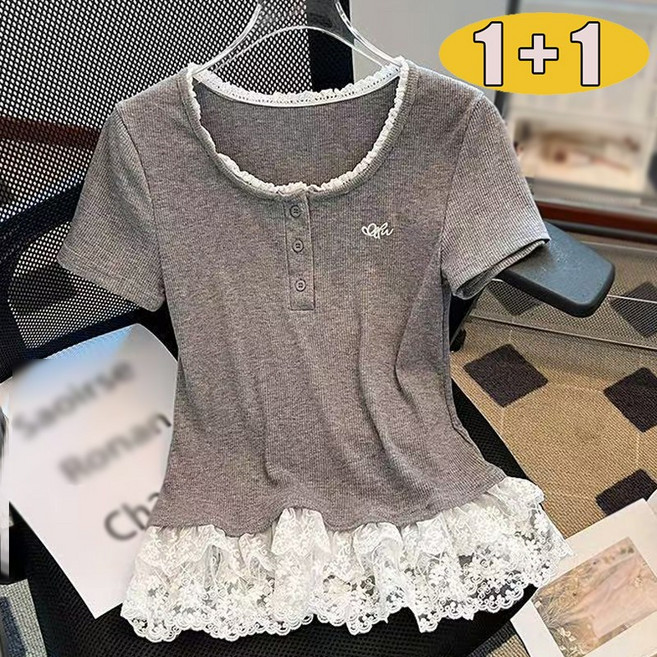 1+1 여성 레이스 프릴 순면 예쁜 반팔티 여름 버튼 자수 슬림 라운드 반팔 티셔츠